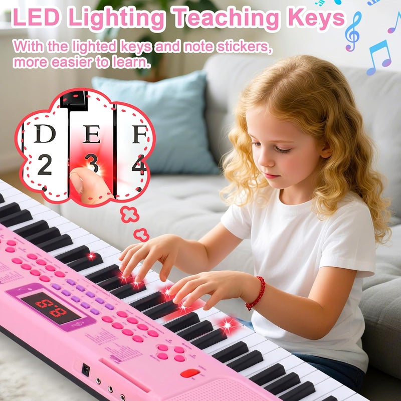 Pitowl Kids Keyboard Piano, 61 Light-up Key Electric Piano Musical Learning Toy for Beginners with Microphone, Music Stand, Notekey Sticker, Birthday Xmas Gift for 3-10 Years Old, Pink - Image 2